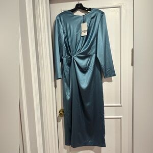 Zara Blue Satin Long Sleeve Dress